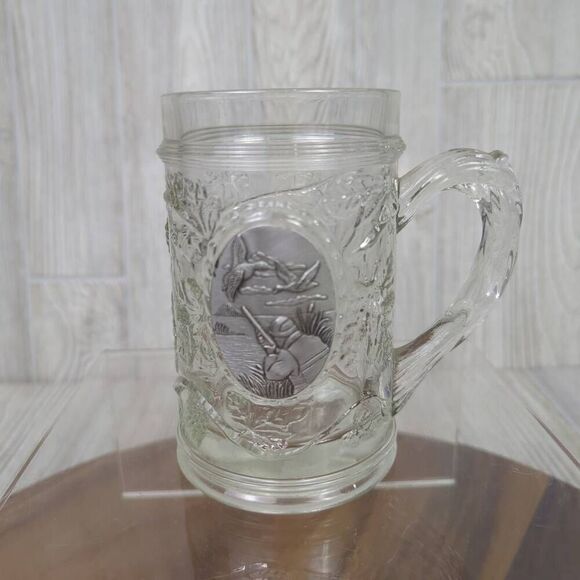 Glass Beer Mug Stein Mens Pewter Duck Hunter Etched Center Emblem 5" Tall - Picture 1 of 5
